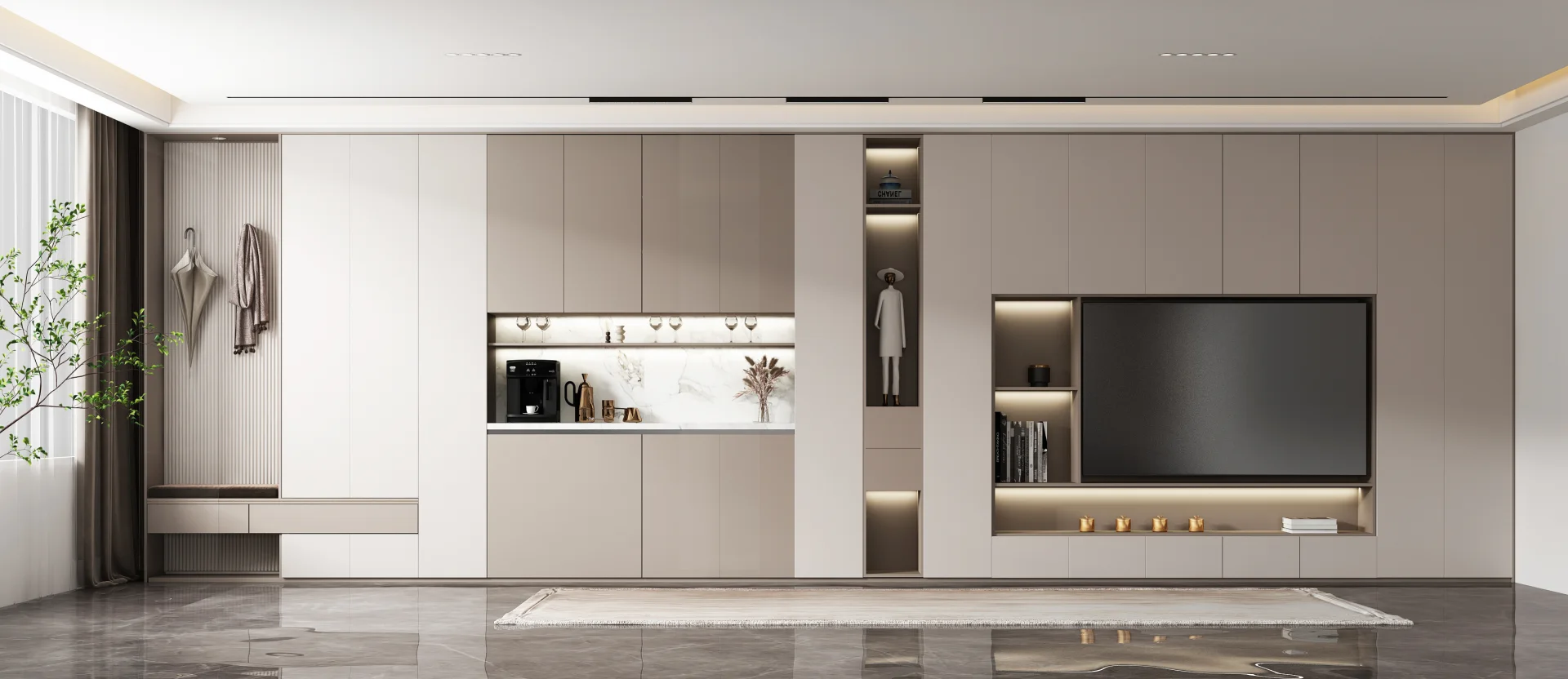 帕伯罗现代全屋定制客厅:整墙柜体、隐藏式吧台与电视墙一体化设计